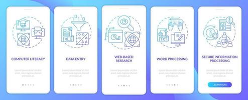 pantalla de la aplicación móvil de integración de degradado azul de habilidades digitales básicas. tutorial 5 pasos páginas de instrucciones gráficas con conceptos lineales. interfaz de usuario, ux, plantilla de interfaz gráfica de usuario. innumerables fuentes pro-negrita y regulares utilizadas vector