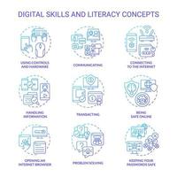 Digital literacy and skills blue gradient concept icons set. Computer system. Cyberspace idea thin line color illustrations. Isolated symbols. Roboto-Medium, Myriad Pro-Bold fonts used vector