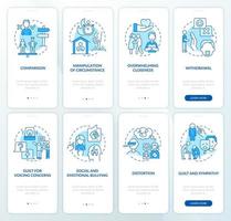 Common manipulation tactics blue onboarding mobile app screen set. Walkthrough 4 steps graphic instructions pages with linear concepts. UI, UX, GUI template. Myriad Pro-Bold, Regular fonts used vector