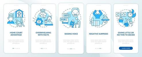 How emotional manipulation works blue onboarding mobile app screen. Walkthrough 5 steps graphic instructions pages with linear concepts. UI, UX, GUI template. Myriad Pro-Bold, Regular fonts used vector