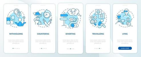 Gaslighting in relationships blue onboarding mobile app screen. Walkthrough 5 steps graphic instructions pages with linear concepts. UI, UX, GUI template. Myriad Pro-Bold, Regular fonts used vector