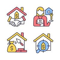 conjunto de iconos de color rgb del proceso de compra de vivienda. agente de bienes raíces. hipoteca de la propiedad. buscando casa. ilustraciones vectoriales aisladas. colección de dibujos de líneas llenas simples. trazo editable vector