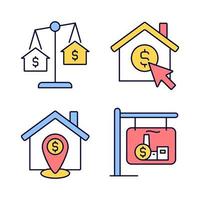 Housing searching RGB color icons set. Property comparison. Home location. Real estate website. Isolated vector illustrations. Simple filled line drawings collection. Editable stroke