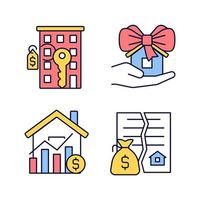 Real estate market RGB color icons set. Property sale. Apartment purchasing. Home donation. Realty price. Isolated vector illustrations. Simple filled line drawings collection. Editable stroke
