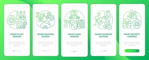 pantalla de aplicación móvil de incorporación de gradiente verde de agricultura inteligente. tutorial de seguridad 5 pasos páginas de instrucciones gráficas con conceptos lineales. interfaz de usuario, ux, plantilla de interfaz gráfica de usuario. innumerables fuentes pro-negrita y regulares utilizadas vector