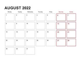 Wall planner for August 2022 in English language, week starts in Monday. vector