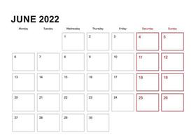 Wall planner for June 2022 in English language, week starts in Monday. vector