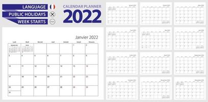 French calendar planner for 2022. French language, week starts from Monday. Vector calendar template for France, Canada, Belgium, Cameroon and other.