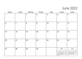 June 2022 simple calendar planner, week starts from Monday. vector