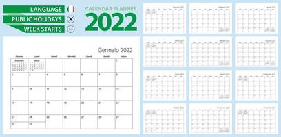 Italian calendar planner for 2022. Italian language, week starts from Sunday. Vector template.