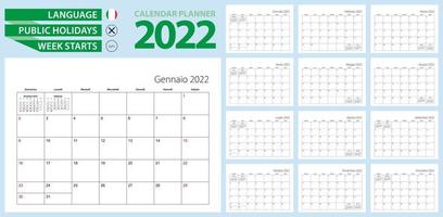 planificador de calendario italiano para 2022. idioma italiano, la semana comienza el domingo. plantilla vectorial vector