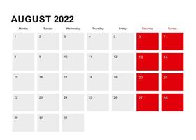 Diseño de calendario planificador de agosto de 2022. la semana comienza a partir del lunes. vector