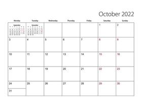 October 2022 simple calendar planner, week starts from Monday. vector