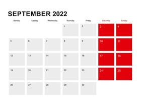 2022 September planner calendar design. Week starts from Monday. vector