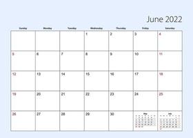 Wall calendar planner for June 2022. English language, week starts from Sunday. vector