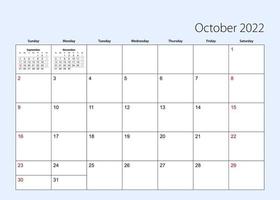 Wall calendar planner for October 2022. English language, week starts from Sunday. vector