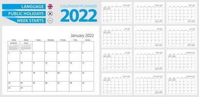 Wall calendar planner for 2022. English language, week starts from Sunday.
