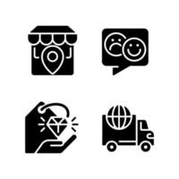 Shopping black glyph icons set on white space. Worldwide delivery service. Store location. Electronic commerce. Silhouette symbols. Solid pictogram pack. Vector isolated illustration