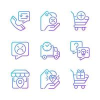 Internet shopping features gradient linear vector icons set. Customer and client service. Product delivery. Thin line contour symbol designs bundle. Isolated outline illustrations collection