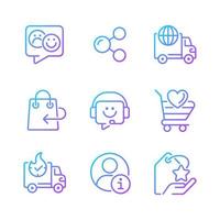 Online shopping assistance gradient linear vector icons set. Customer and client service. Help desk. Thin line contour symbol designs bundle. Isolated outline illustrations collection