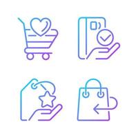 Special offer for customers gradient linear vector icons set. Return policy. Pay with credit card. Thin line contour symbol designs bundle. Isolated outline illustrations collection