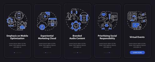 Marketing trends examples night mode onboarding mobile app screen. Ads walkthrough 5 steps graphic instructions pages with linear concepts. UI, UX, GUI template. Myriad Pro-Bold, Regular fonts used vector