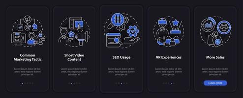 Current marketing trends night mode onboarding mobile app screen. Promo walkthrough 5 steps graphic instructions pages with linear concepts. UI, UX, GUI template. Myriad Pro-Bold, Regular fonts used vector