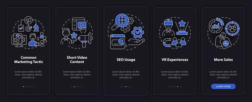 pantalla de la aplicación móvil de incorporación del modo nocturno de las tendencias de marketing actuales. Promo tutorial 5 pasos páginas de instrucciones gráficas con conceptos lineales. interfaz de usuario, ux, plantilla de interfaz gráfica de usuario. innumerables fuentes pro-negrita y regulares utilizadas vector