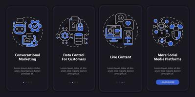 Modern marketing trends night mode onboarding mobile app screen. Ads walkthrough 4 steps graphic instructions pages with linear concepts. UI, UX, GUI template. Myriad Pro-Bold, Regular fonts used vector