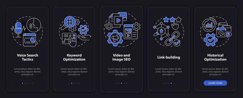 SEO marketing trends night mode onboarding mobile app screen. Digital walkthrough 5 steps graphic instructions pages with linear concepts. UI, UX, GUI template. Myriad Pro-Bold, Regular fonts used vector