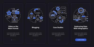 Content marketing trends night mode onboarding mobile app screen. Ideas walkthrough 4 steps graphic instructions pages with linear concepts. UI, UX, GUI template. Myriad Pro-Bold, Regular fonts used vector