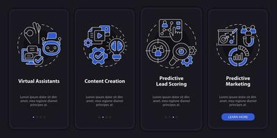 Usage of AI in marketing night mode onboarding mobile app screen. Walkthrough 4 steps graphic instructions pages with linear concepts. UI, UX, GUI template. Myriad Pro-Bold, Regular fonts used vector