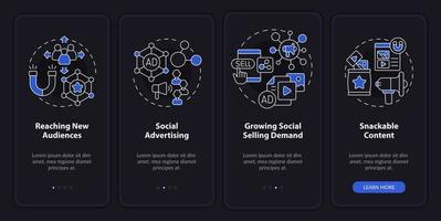 SMM marketing trends night mode onboarding mobile app screen. Online walkthrough 4 steps graphic instructions pages with linear concepts. UI, UX, GUI template. Myriad Pro-Bold, Regular fonts used vector