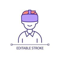 Man using VR goggles RGB color icon. Technology of entertainment. Virtual reality for education and business. Isolated vector illustration. Simple filled line drawing. Editable stroke. Arial font used