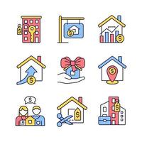 Immovable property purchasing RGB color icons set. Apartment and house buying. Home donation. Realty market. Isolated vector illustrations. Simple filled line drawings collection. Editable stroke