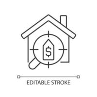 House searching services linear icon. Help to find dwelling. Rent apartment and home. Real estate. Thin line illustration. Contour symbol. Vector outline drawing. Editable stroke. Arial font used