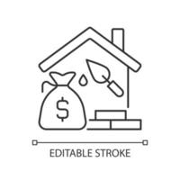 Construction loan linear icon. Self build loan. Get credit for house building. Home project. Thin line illustration. Contour symbol. Vector outline drawing. Editable stroke. Arial font used