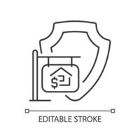 House selling insurance linear icon. Asset coverage. Protection and damage prevention. Property sale. Thin line illustration. Contour symbol. Vector outline drawing. Editable stroke. Arial font used