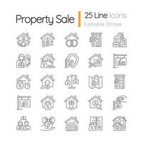 Property sale linear icons set. Real estate market. House purchase. Home mortgage. Customizable thin line symbols. Isolated vector outline illustrations. Editable stroke. Quicksand-Light font used