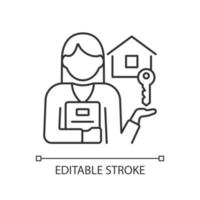 Estate agent linear icon. Real estate broker. Housing assistance and help. Property sale. Thin line illustration. Contour symbol. Vector outline drawing. Editable stroke. Arial font used