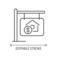 House selling linear icon. Home purchasing. Realty buying. Real estate ownership. Property sale. Thin line illustration. Contour symbol. Vector outline drawing. Editable stroke. Arial font used