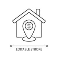 Property location estimation linear icon. Real estate assessment. Infrastructure and view. Thin line illustration. Contour symbol. Vector outline drawing. Editable stroke. Arial font used