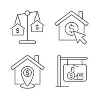 Housing searching linear icons set. Property comparison. Home location. Real estate website. Realty sale. Customizable thin line symbols. Isolated vector outline illustrations. Editable stroke