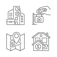 Realty purchasing types linear icons set. Commercial and private property. Real estate price. Customizable thin line symbols. Isolated vector outline illustrations. Editable stroke