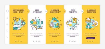 Reducing methane emissions yellow onboarding template. Feed additives. Responsive mobile website with linear concept icons. Web page walkthrough 5 step screens. Lato-Bold, Regular fonts used vector