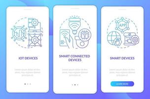 Smart technology products blue gradient onboarding mobile app screen. Walkthrough 3 steps graphic instructions pages with linear concepts. UI, UX, GUI template. Myriad Pro-Bold, Regular fonts used vector