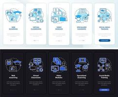 tipos de elearning pantalla de aplicación móvil de incorporación de modo día y noche. tutorial 5 pasos páginas de instrucciones gráficas con conceptos lineales. interfaz de usuario, ux, plantilla de interfaz gráfica de usuario. innumerables fuentes pro-negrita y regulares utilizadas vector