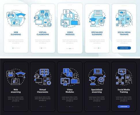 Elearning types night and day mode onboarding mobile app screen. Walkthrough 5 steps graphic instructions pages with linear concepts. UI, UX, GUI template. Myriad Pro-Bold, Regular fonts used