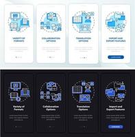 Elearning platform feature night, day mode onboarding mobile app screen. Walkthrough 4 steps graphic instructions pages with linear concepts. UI, UX, GUI template. Myriad Pro-Bold, Regular fonts used vector