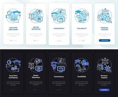 Advantages of elearning night and day mode onboarding mobile app screen. Walkthrough 5 steps graphic instructions pages with linear concepts. UI, UX, GUI template. Myriad Pro-Bold, Regular fonts used vector